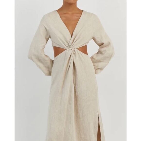 NWT DISSH Tina Linen Twist Front Cutout Midi Dress Natural Size US 8 - Picture 6 of 9